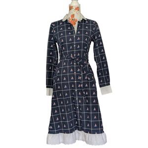 Brooks Brothers Sz 2 Long Sleeve Midi Shirt Dress Sailboats Lace Hem Preppy Sail